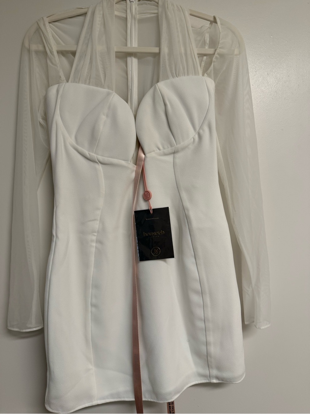 House of CB Elegant White Mesh-Sleeve Mini Dress